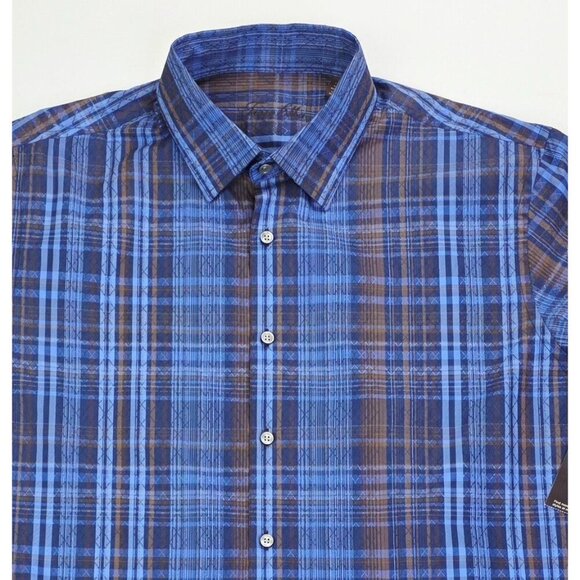 Tasso Elba Size 17-17.5 XL Mens Blue Brown Navy Pattern Novelty Woven Shirt NWT - Picture 9 of 9